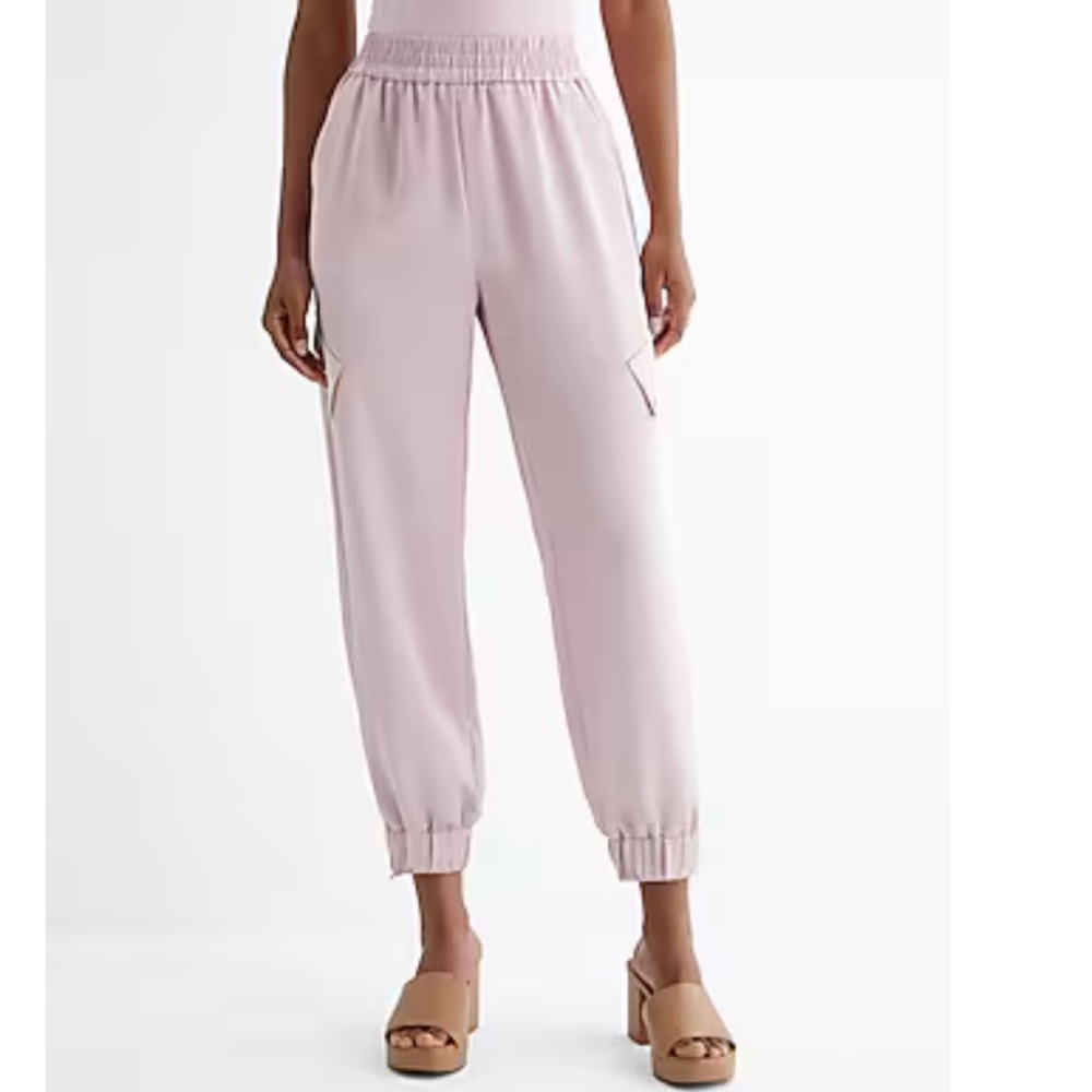EXPRESS | High Waisted Satin Cargo Jogger Pants Soft Blush Pink NWT - Picture 2 of 5